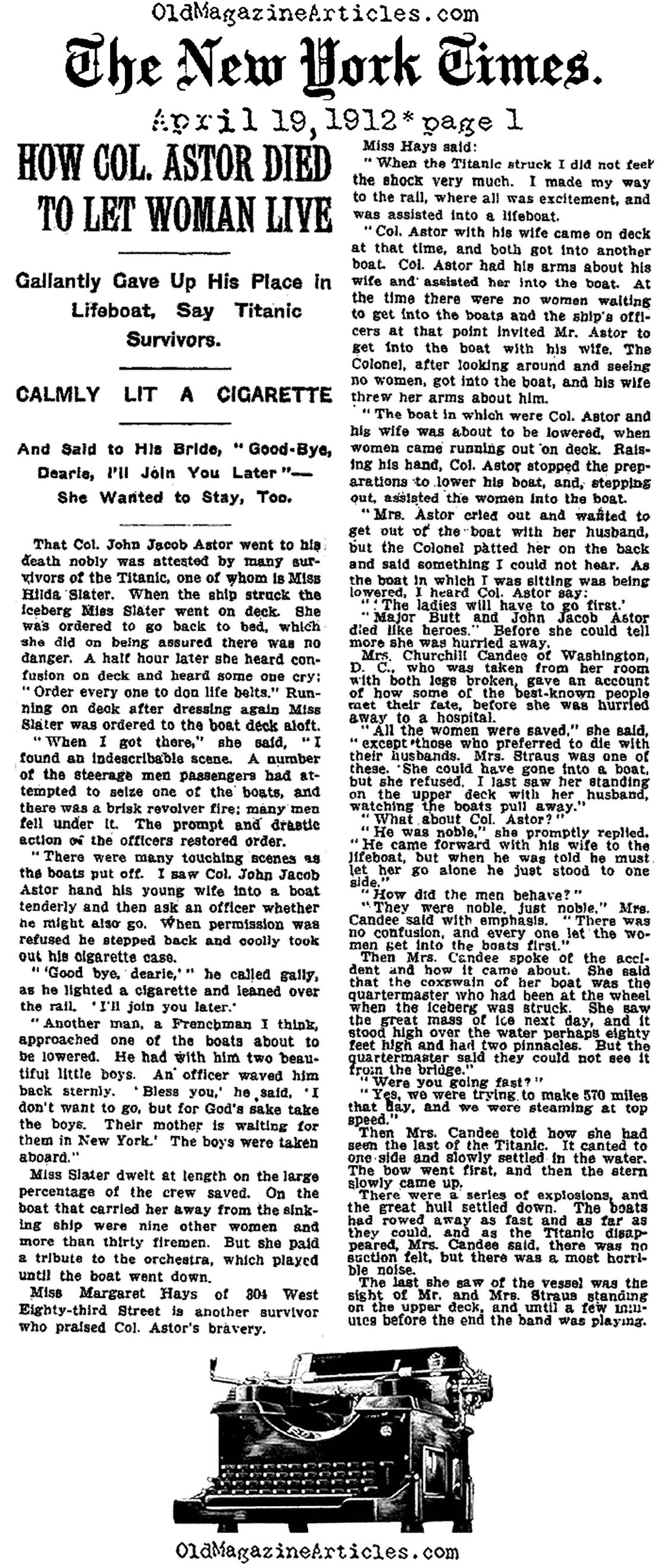How John Jacob Astor Died (New York Times, 1912)